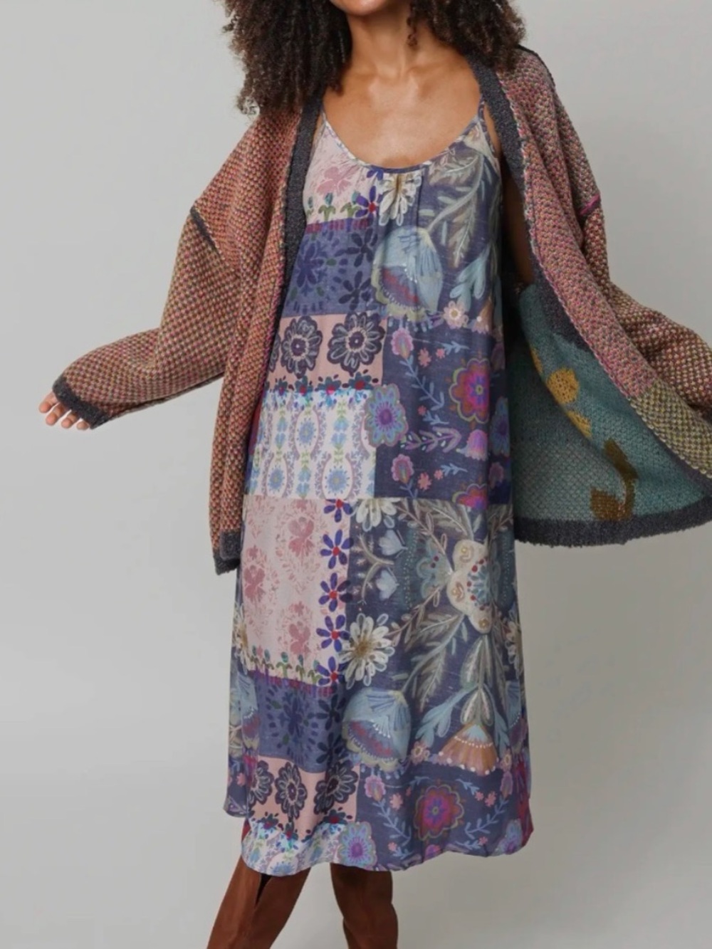 Natural Life Lizzie Blue Patchwork Midi Dress New Large